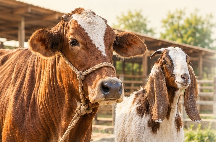 A brown cow and a brown-and-white goat at the Jazeera Agro barn