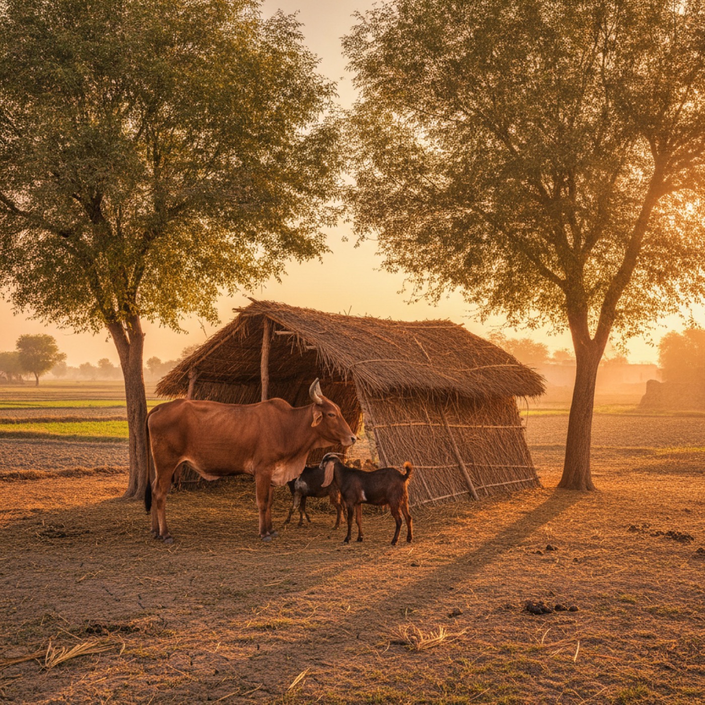 A brown and white cow with a white goat and kid on the Jazeera Agro pasture